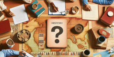 Oversiktsbilde av en moderne historiequiz: deltakerne rundt et bord, historiebøker, gamle kart, notatark og et spørsmålskort i fokus, varm og innbydende fargetone
