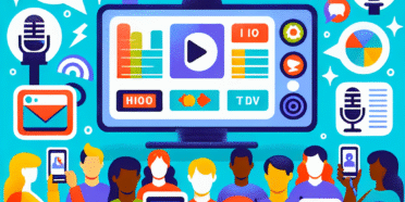 Fargerik illustrasjon av en digital quiz om media: skjerm med spørsmål, ikoner for TV, mikrofon og sosiale medier, folk som svarer på mobil