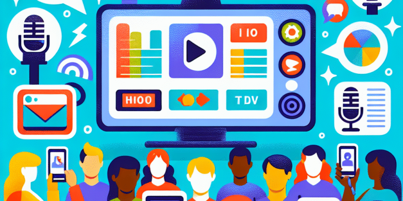Fargerik illustrasjon av en digital quiz om media: skjerm med spørsmål, ikoner for TV, mikrofon og sosiale medier, folk som svarer på mobil
