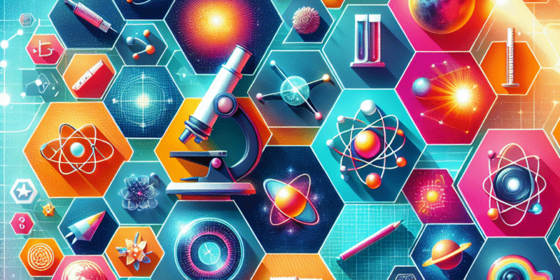 Fargerik collage av vitenskapelige ikoner (mikroskop, atommodell, stjernehimmel) og quizkort på lys, moderne bakgrunn
