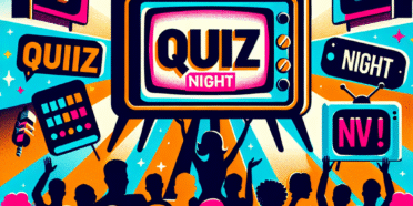 Fargerik plakat for en TV-tema quizkveld: retro TV-silhuetter, quizkort, publikum som ler, neon-lysbelysning, moderne flat design, høy oppløsning