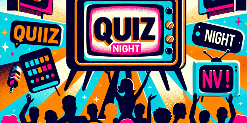 Fargerik plakat for en TV-tema quizkveld: retro TV-silhuetter, quizkort, publikum som ler, neon-lysbelysning, moderne flat design, høy oppløsning